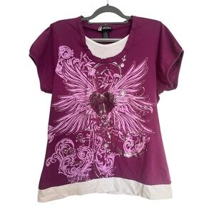 Jou Jou Vintage Y2K Purple Winged Heart Graphic Layered Tee Size 1X